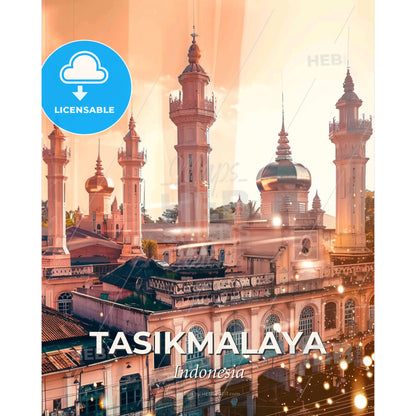 Tasikmalaya Indonesia Double Exposure Skyline - A large building with towers - Square format print template
