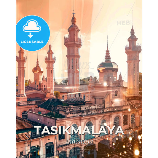 Tasikmalaya Indonesia Double Exposure Skyline - A large building with towers - Square format print template