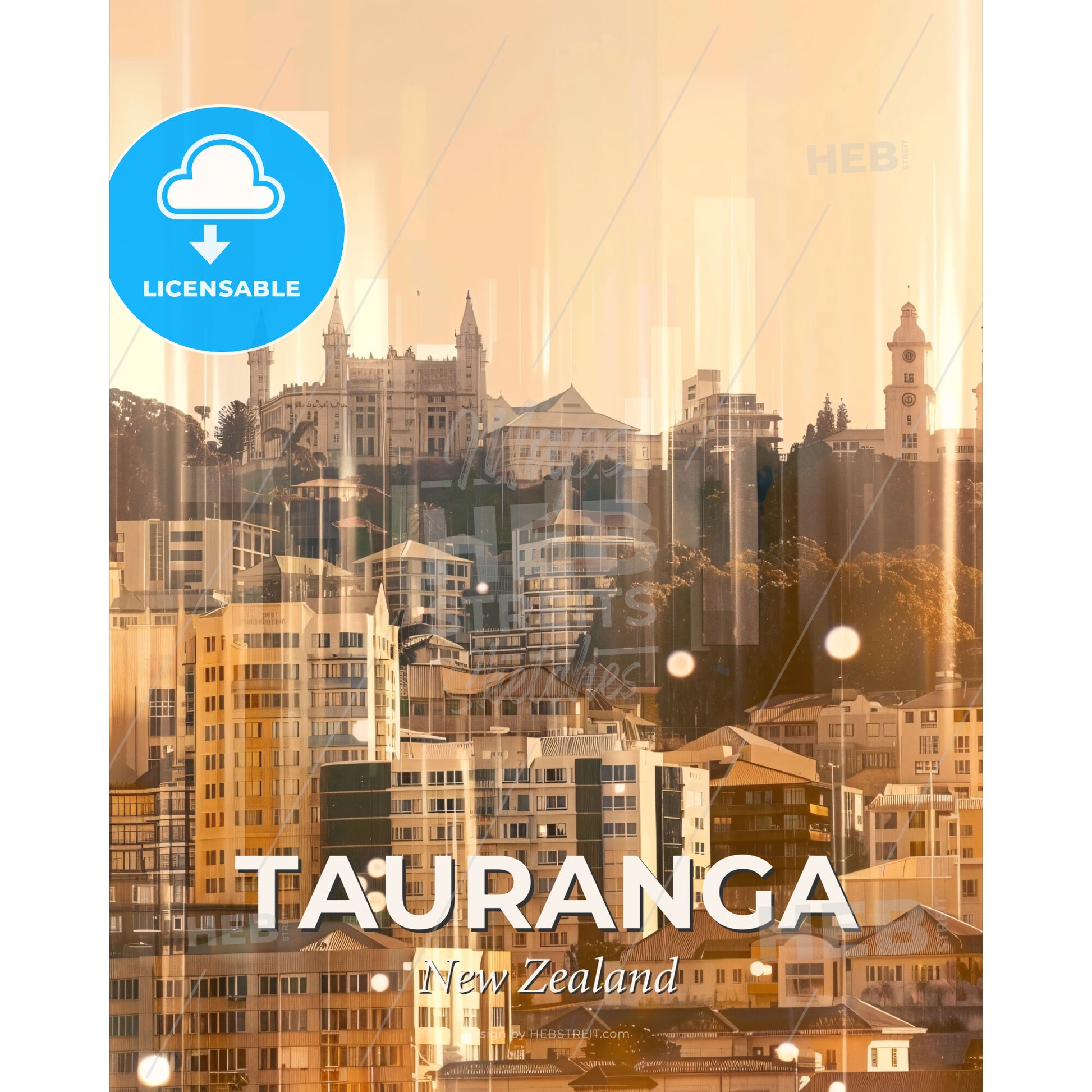 Tauranga City Skyline Double Exposure Scenic Art Poster - A city with many buildings - Square format print template