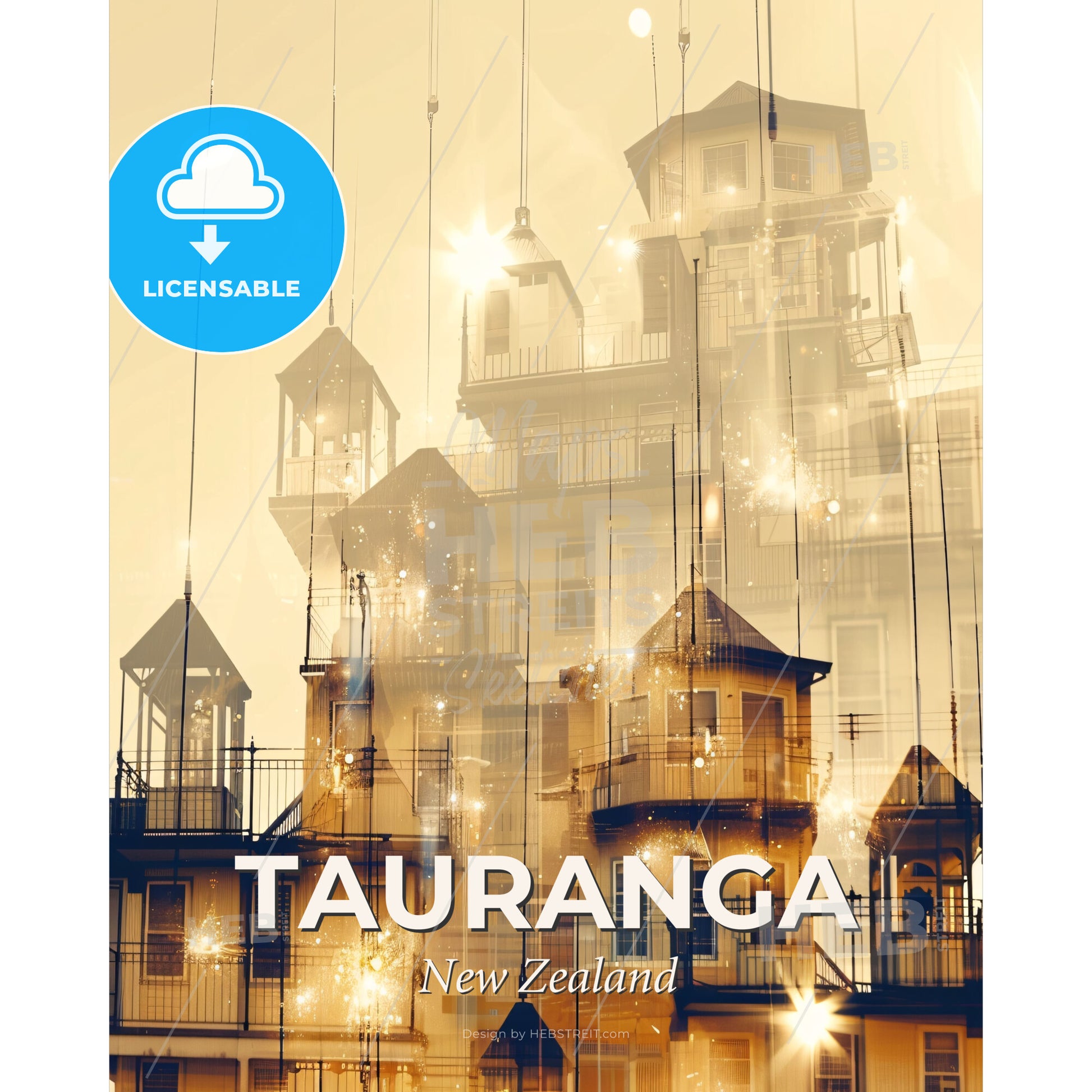 Tauranga Nightscape Skyline Architectural Poster Art - A building with a balcony and a railing - Square format print template