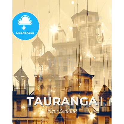 Tauranga Nightscape Skyline Architectural Poster Art - A building with a balcony and a railing - Square format print template
