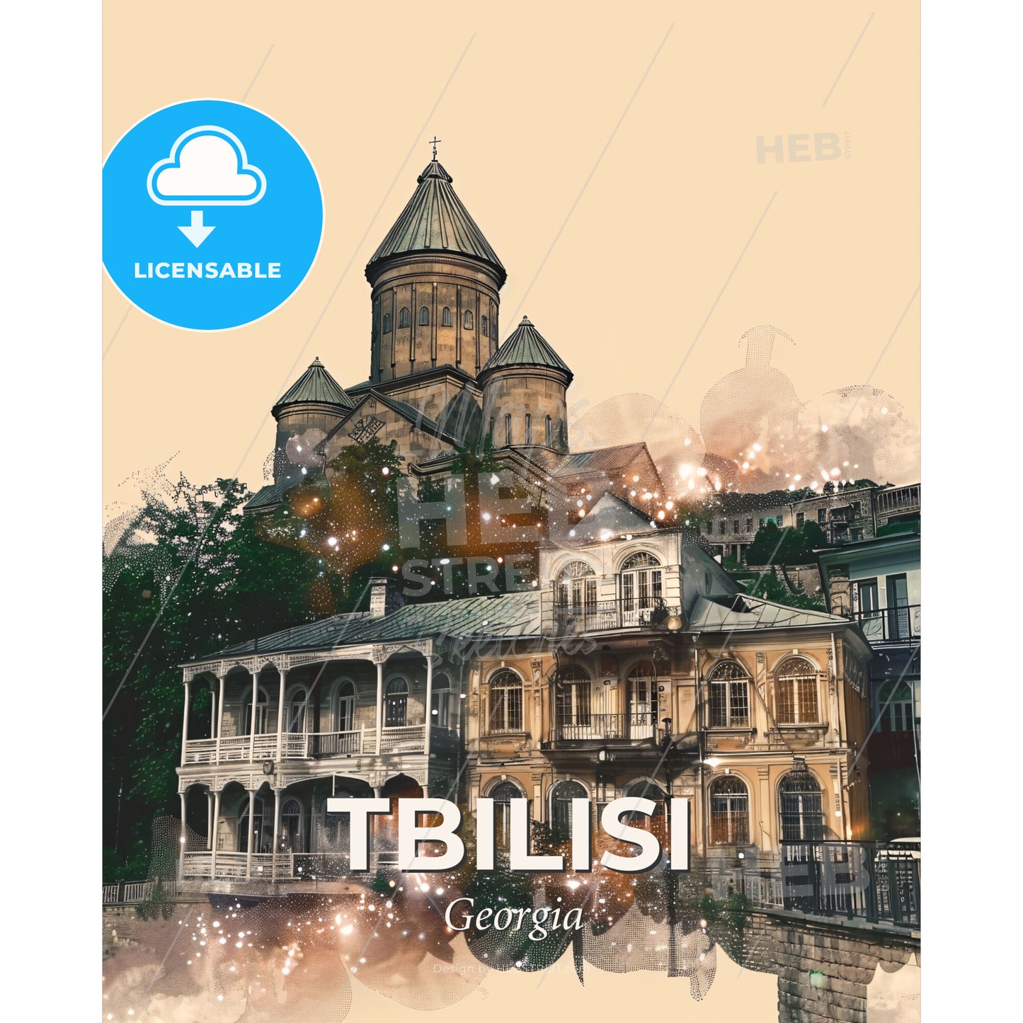 Tbilisi Skyline Glow Poster Art Deco Architecture - A building with a tower - Square format print template