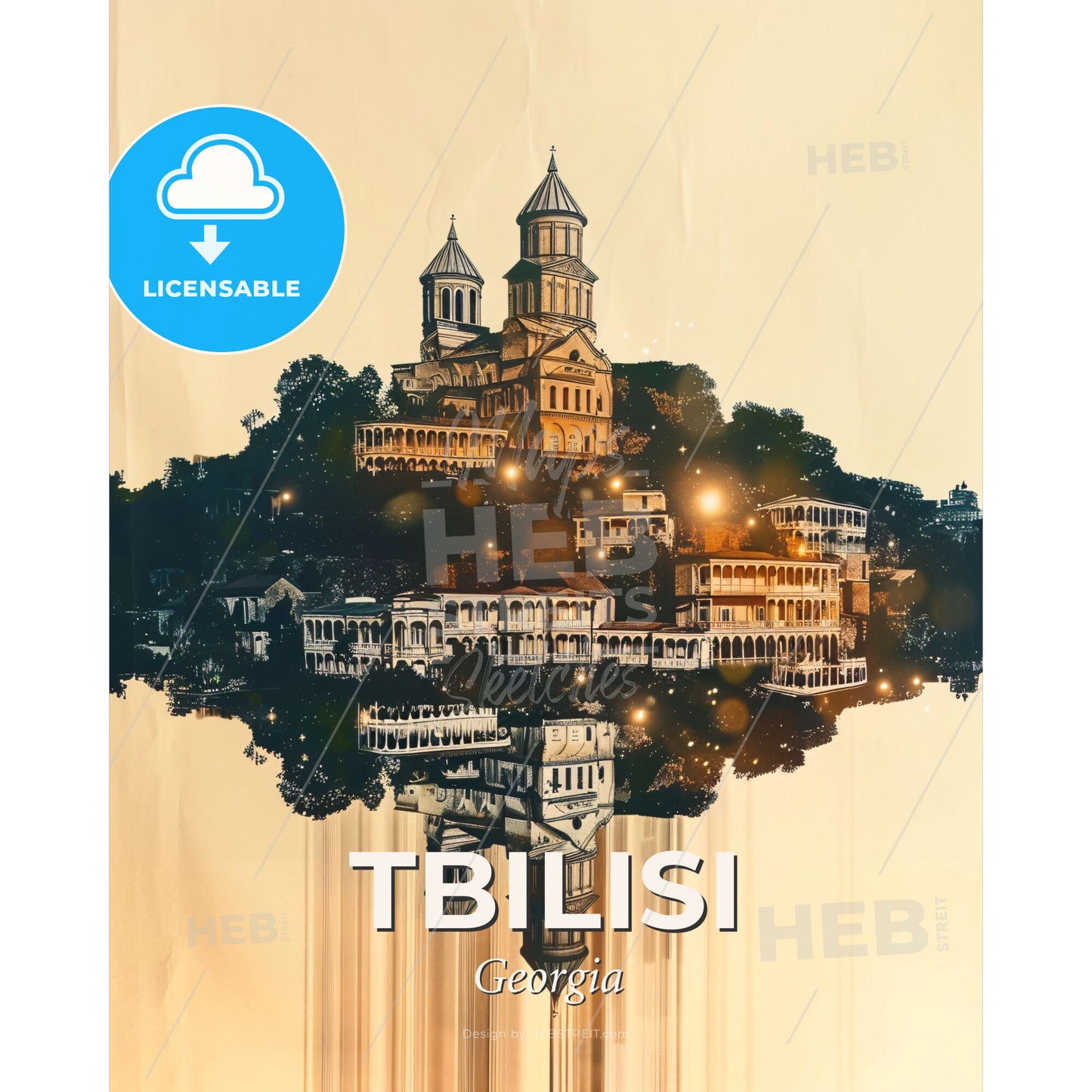 Tbilisi City Double Exposure Art Skyline Poster - A drawing of a city - Square format print template