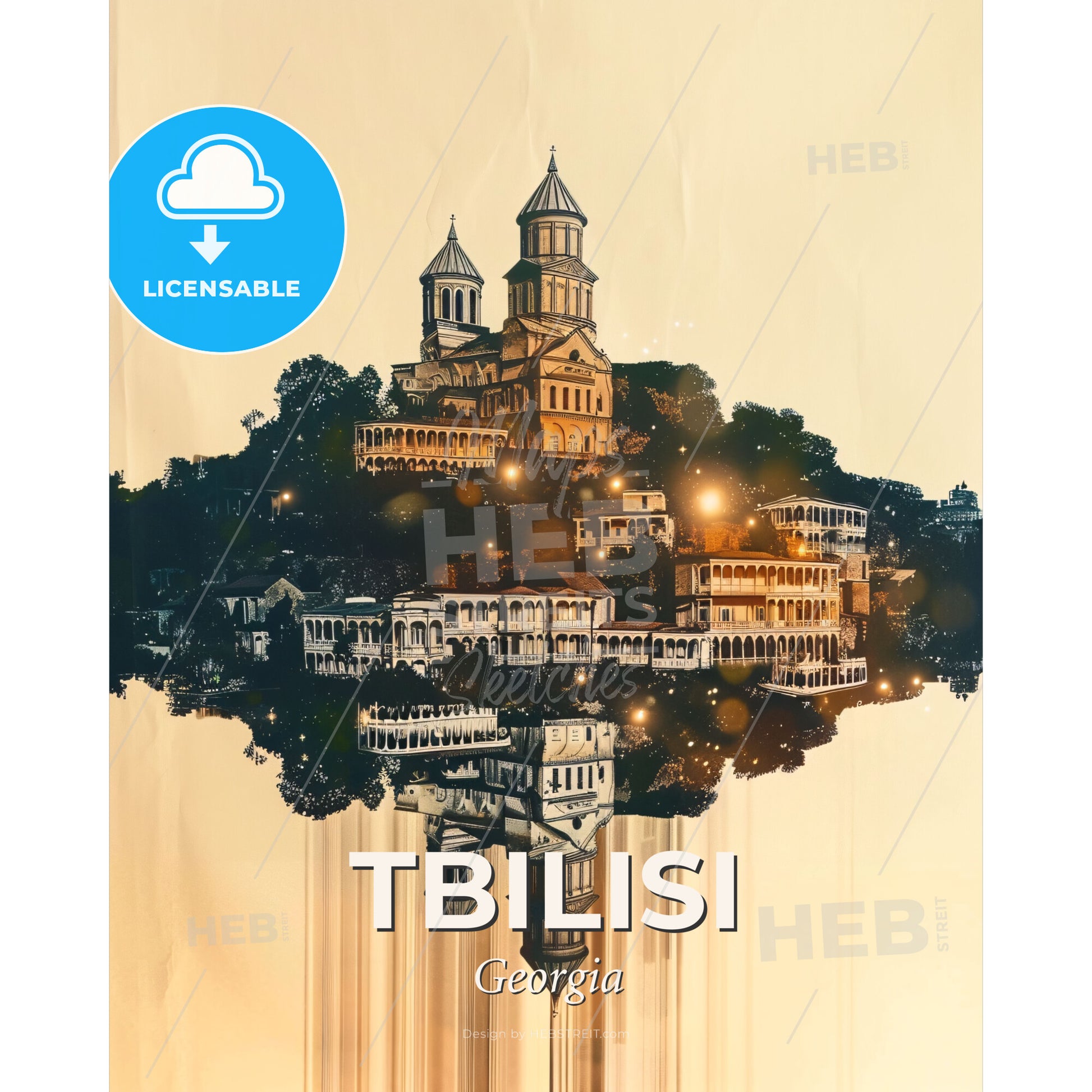Tbilisi City Double Exposure Art Skyline Poster - A drawing of a city - Square format print template