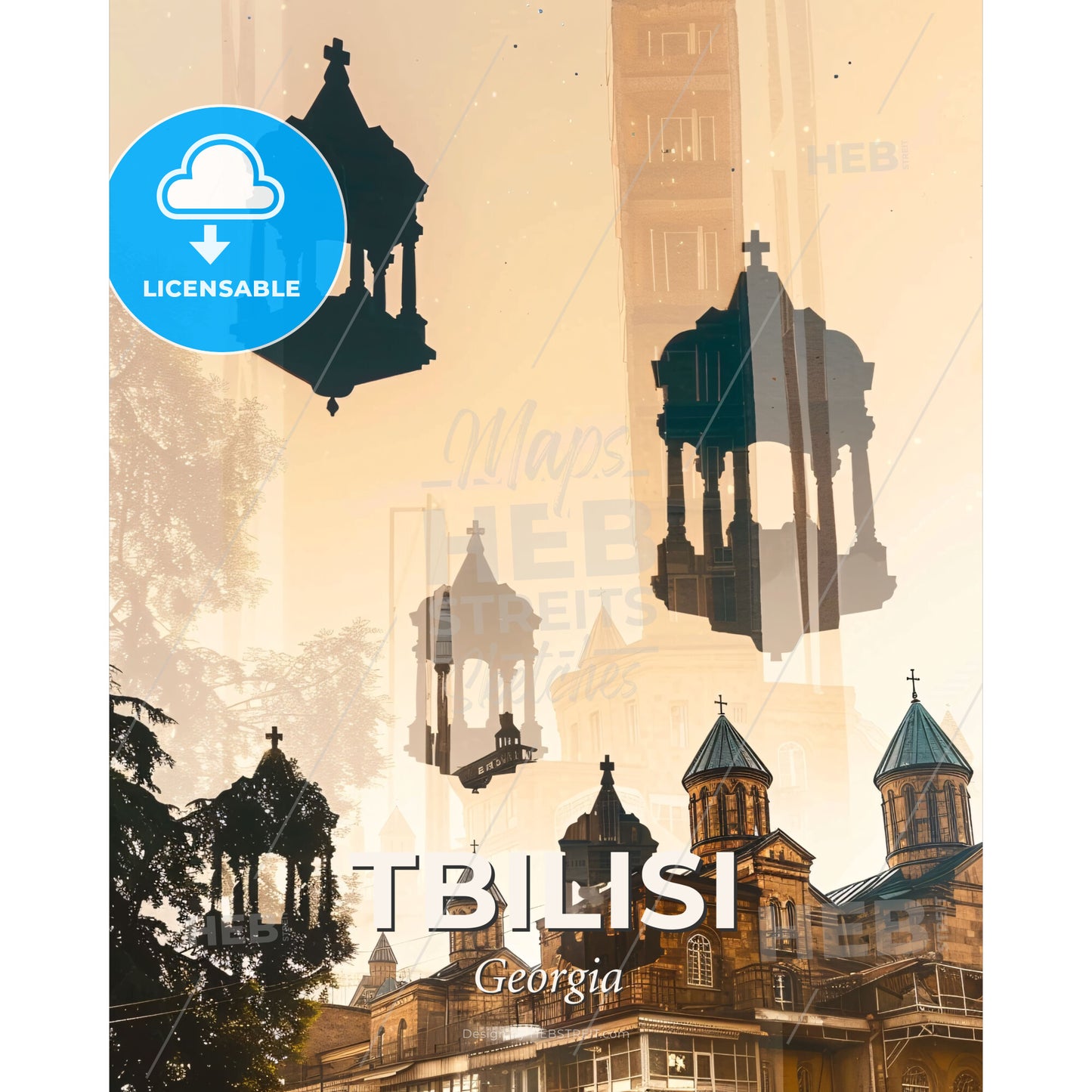 Tbilisi City Skyline Double Exposure Art Poster - A building with a bell tower - Square format print template