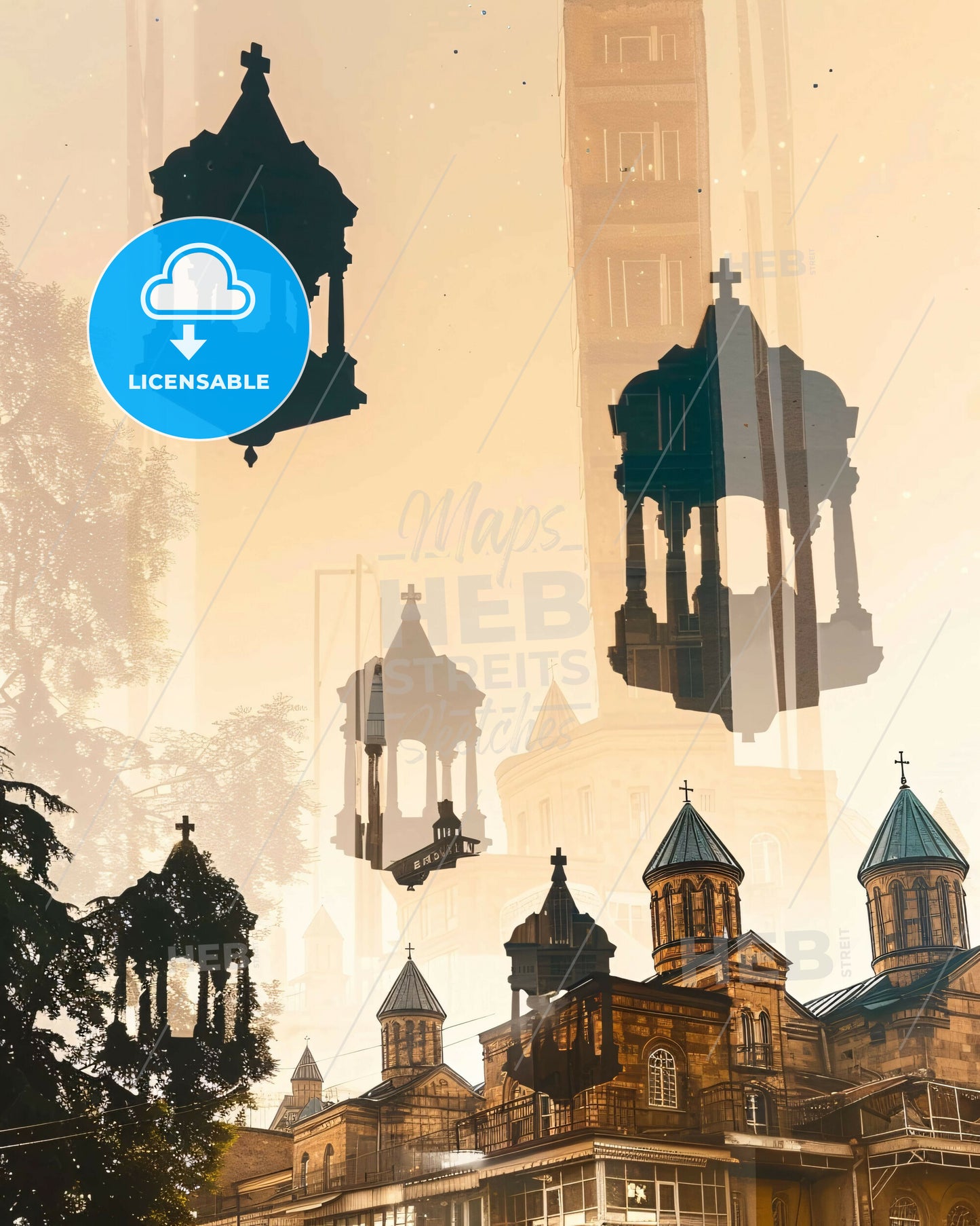 Tbilisi City Skyline Double Exposure Art Poster - A building with a bell tower