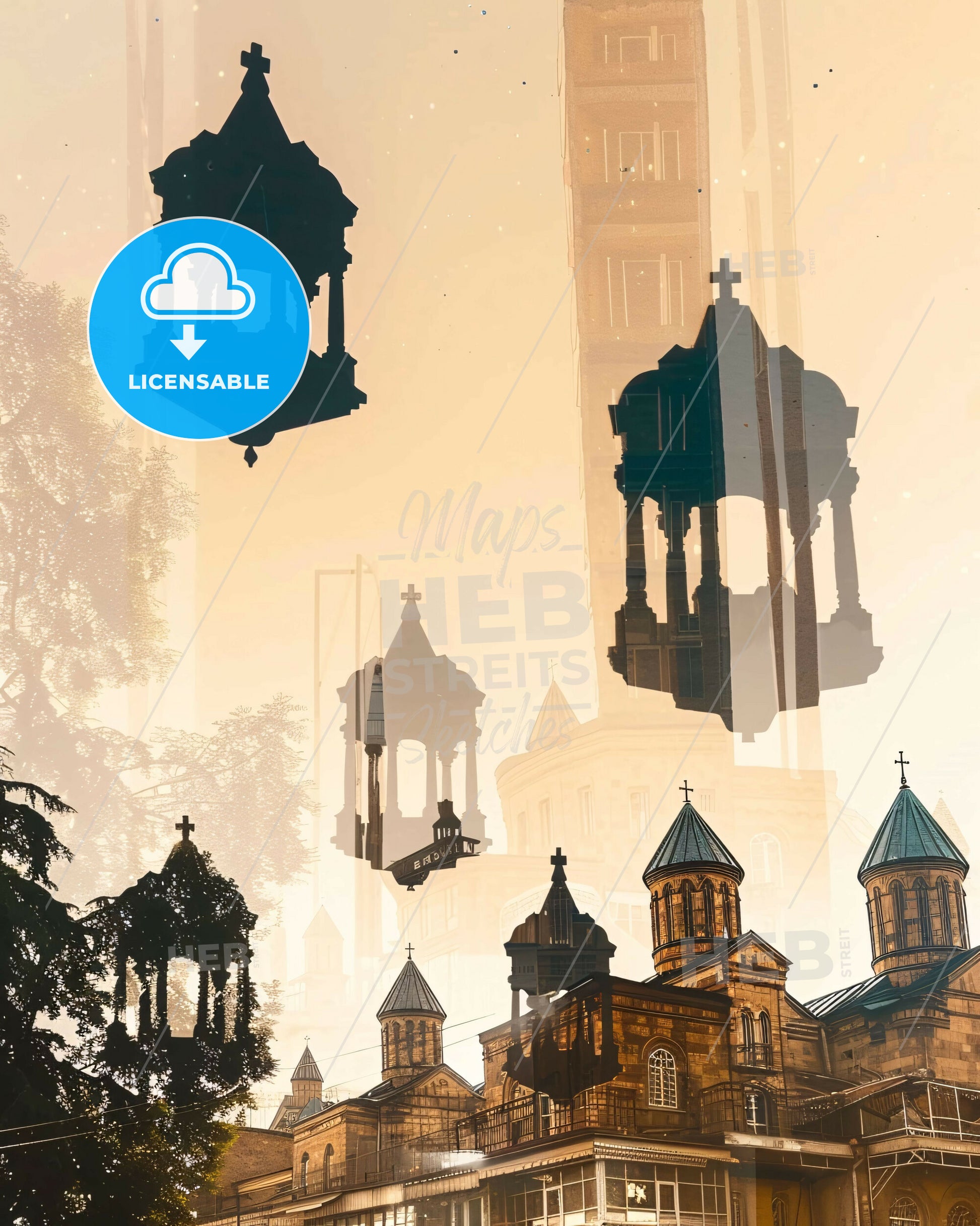 Tbilisi City Skyline Double Exposure Art Poster - A building with a bell tower