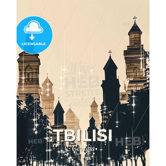 Tbilisi Skyline Silhouette Art Composite - A tall buildings with crosses and trees - Square format print template
