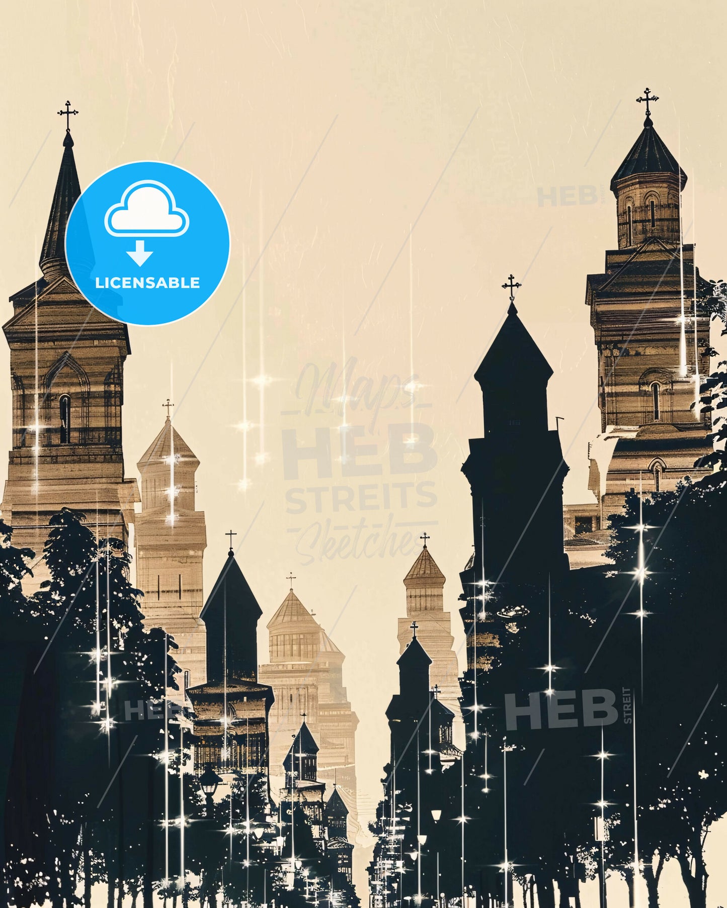 Tbilisi Skyline Silhouette Art Composite - A tall buildings with crosses and trees