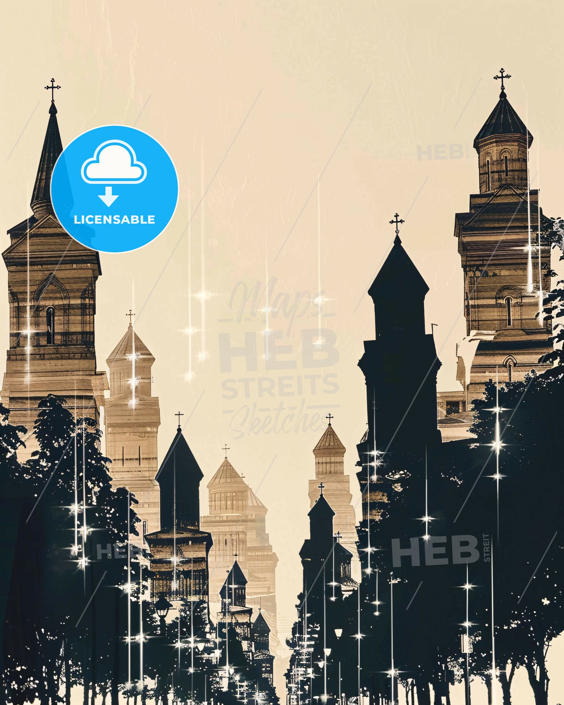 Tbilisi Skyline Silhouette Art Composite - A tall buildings with crosses and trees