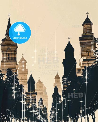Tbilisi Skyline Silhouette Art Composite - A tall buildings with crosses and trees