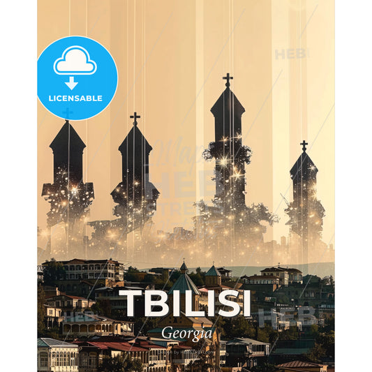 Tbilisi Double Exposure City Skyline Art - A city with towers and stars - Square format print template