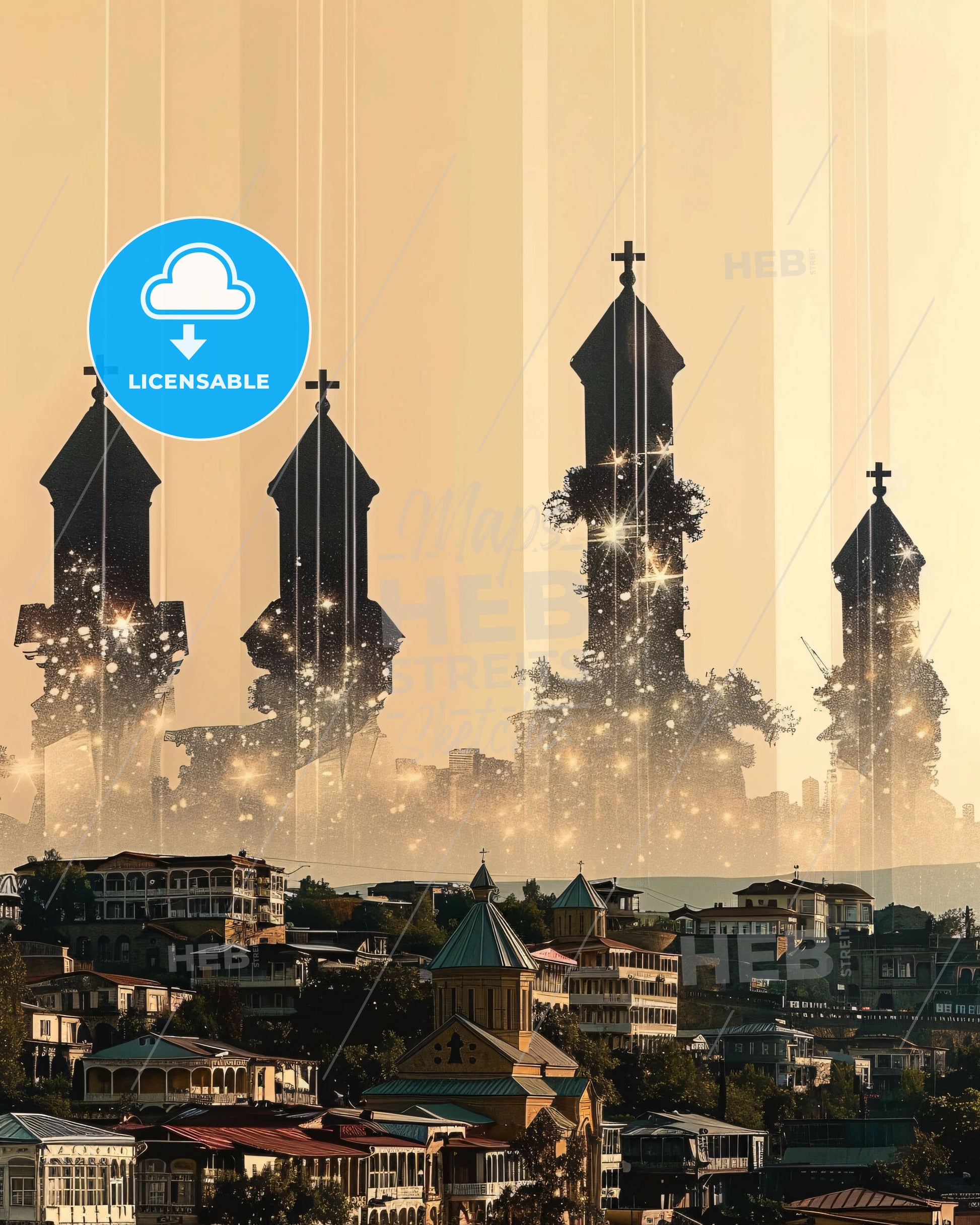 Tbilisi Double Exposure City Skyline Art - A city with towers and stars