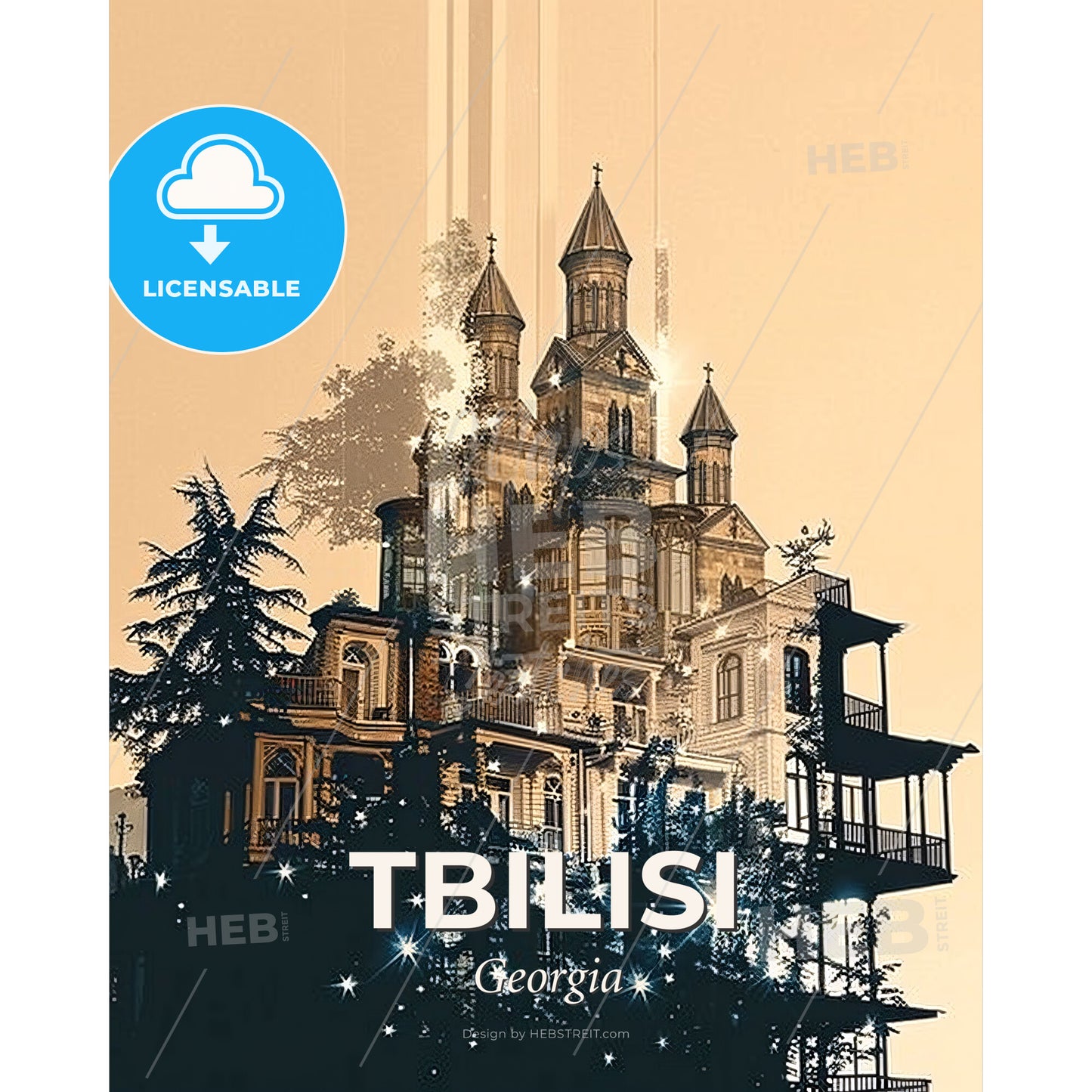 Tbilisi Cityscape Silhouette Printed Art Poster - A building with a tower - Square format print template