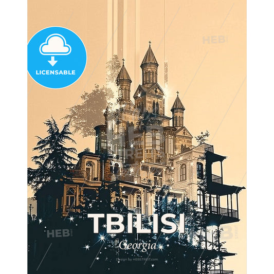 Tbilisi Cityscape Silhouette Printed Art Poster - A building with a tower - Square format print template