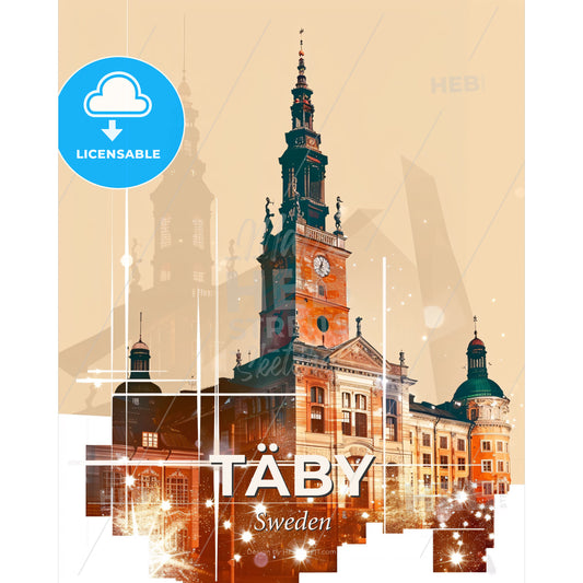 Taby Cityscape Skyline Sparkle Art Poster - A building with a clock tower - Square format print template