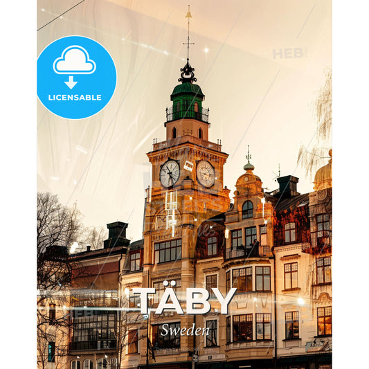 TÄBY Cityscape Art with Local Icons - Independence Hall with a clock tower - Square format print template