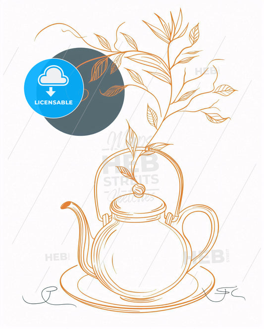 Tea Ceremony Still Life: Beige Canvas - A teapot with leaves and a circle