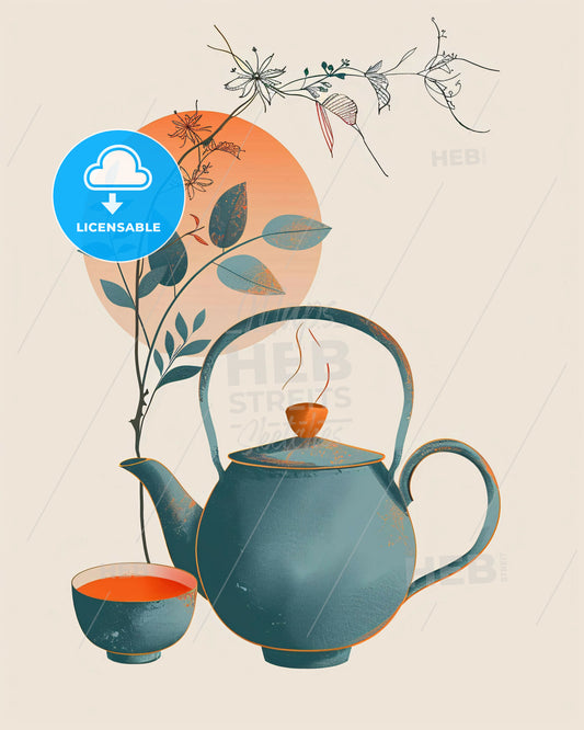 Zen Garden Tea Art Poster - A teapot and cup with a plant