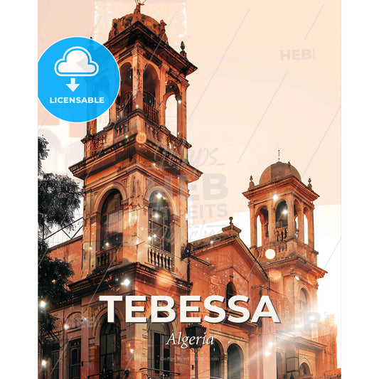 Tebessa Skyline Dreamy Art Poster - Olana State Historic Site with a bell tower - Square format print template