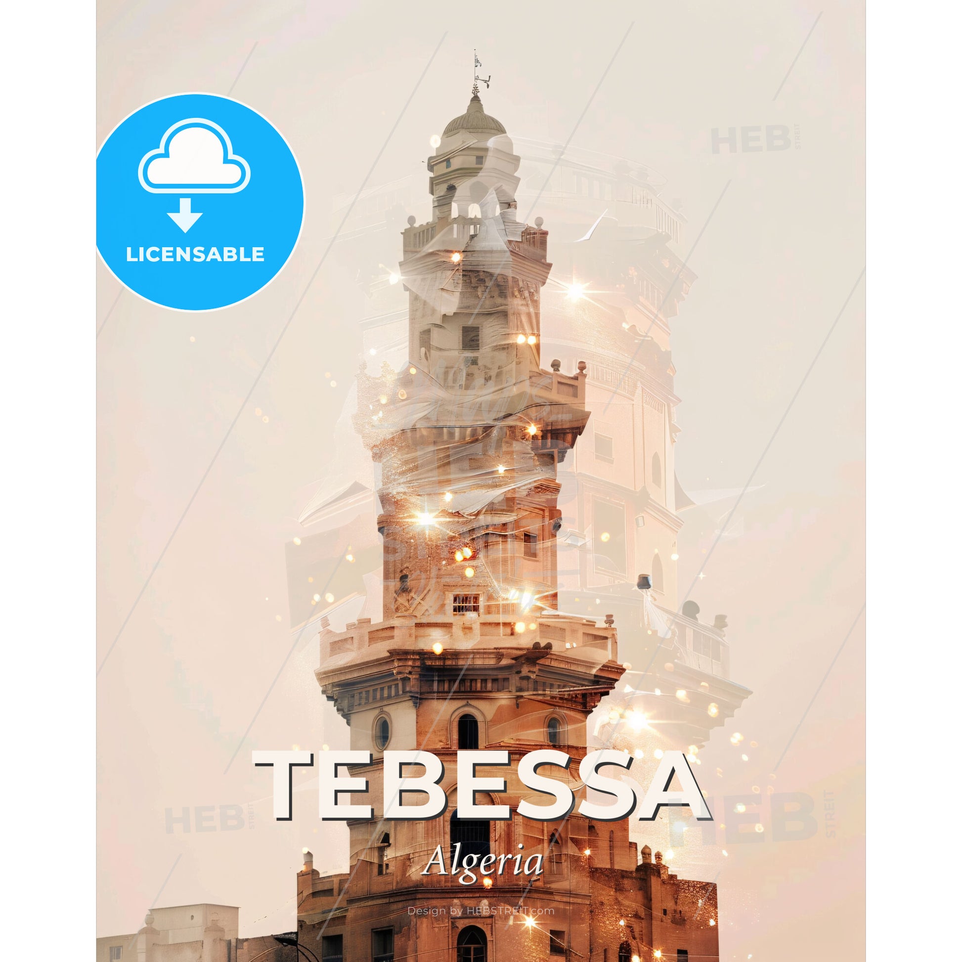Tebessa, Algeria: Cityscape Silhouette Sparkle - A tower with a tower and a tower - Square format print template