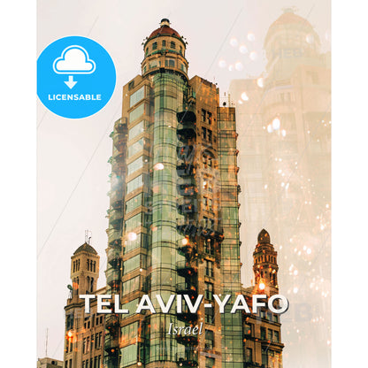 Tel Aviv-Yafo Double Exposure Skyline Poster - A tall building with many windows - Square format print template