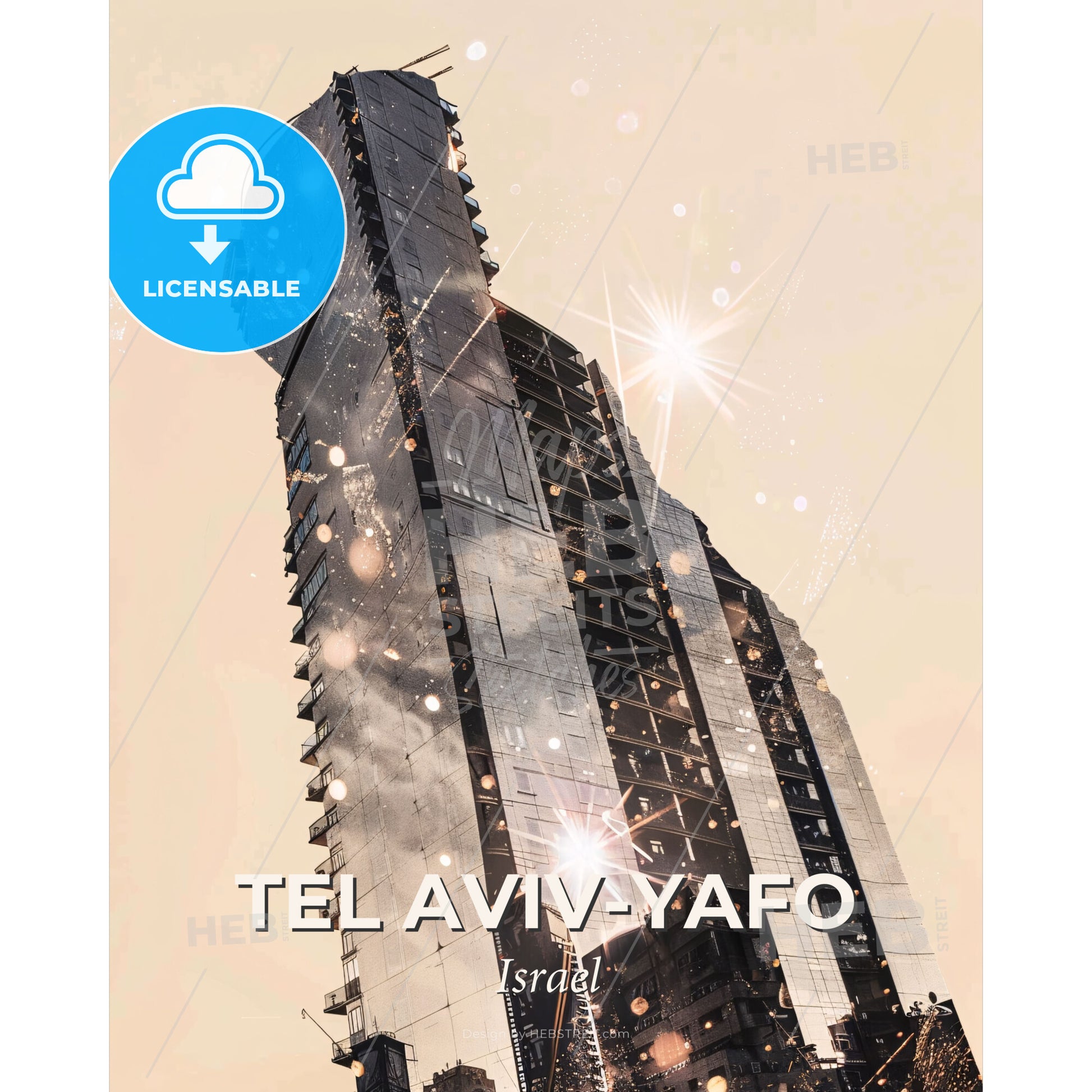 Tel Aviv Art Deco Skyline Beige Background - A tall building with a few lights - Square format print template
