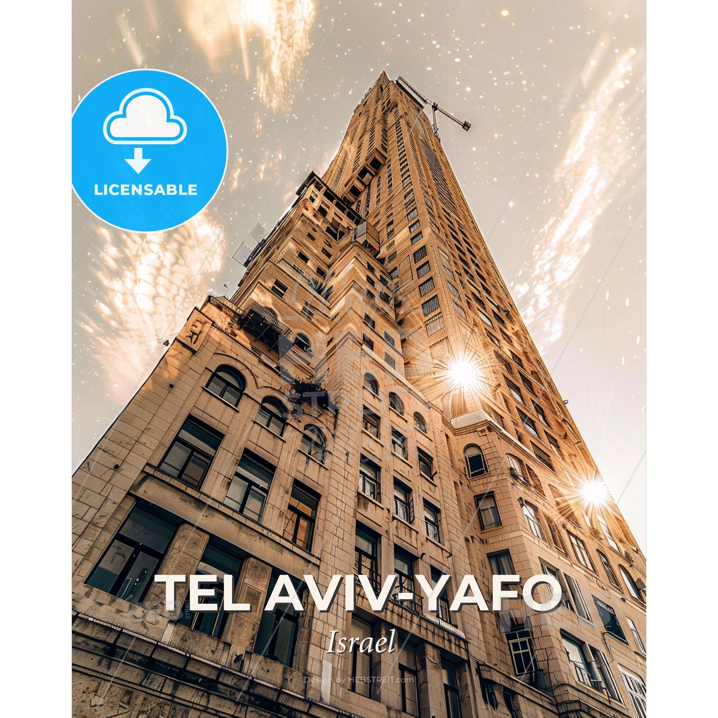 Tel Aviv-Yafo Skyline Double Exposure Art - A tall building with a crane - Square format print template