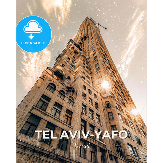 Tel Aviv-Yafo Skyline Double Exposure Art - A tall building with a crane - Square format print template