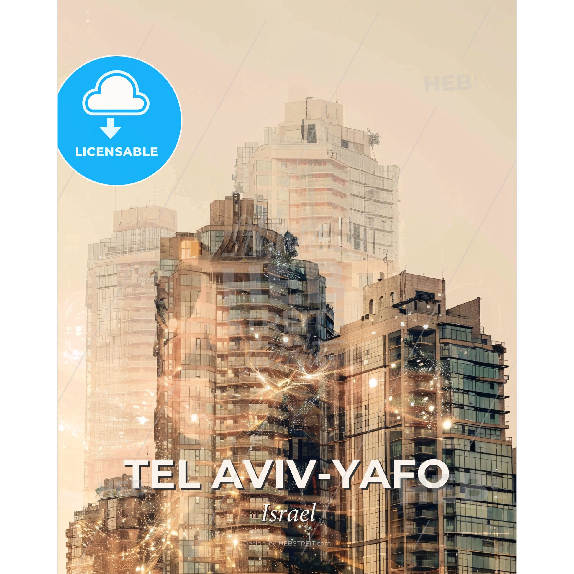 Tel Aviv Skyline Cityscape Art Photography Poster - A group of buildings with lights - Square format print template