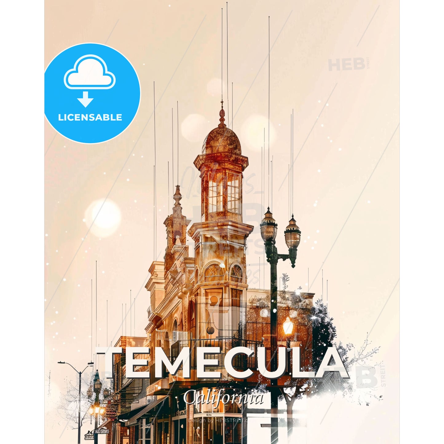 Temecula Skyline Artistic Sunset - A building with a balcony and lights - Square format print template