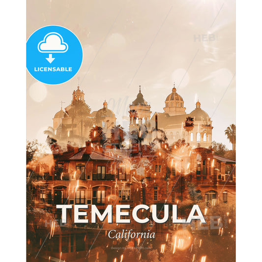 Temecula Cityscape Iconography Poster Print - A building with a large building in the background - Square format print template