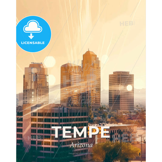 Tempe City Skyline Arizona Iconography Art Poster - A city skyline with sun rays - Square format print template