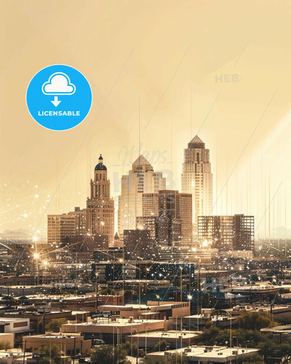 Tempe City Lights Double Exposure Skyline - A city with lights and a light beam