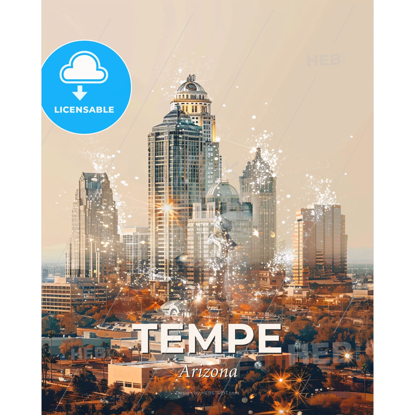 Tempe Arizona City Icons Skyline Art Print - A city with many tall buildings - Square format print template