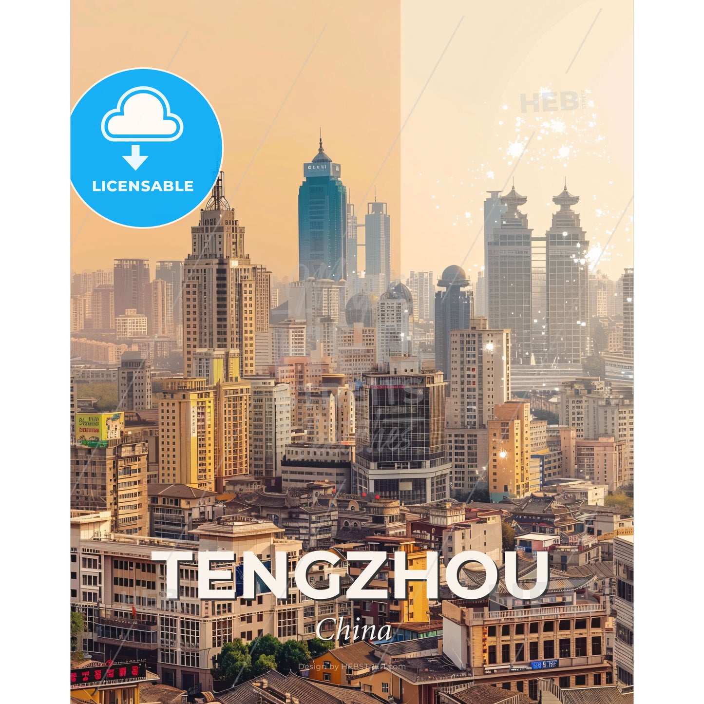 Tengzhou Skyline Double Exposure Panorama - A city with many tall buildings - Square format print template