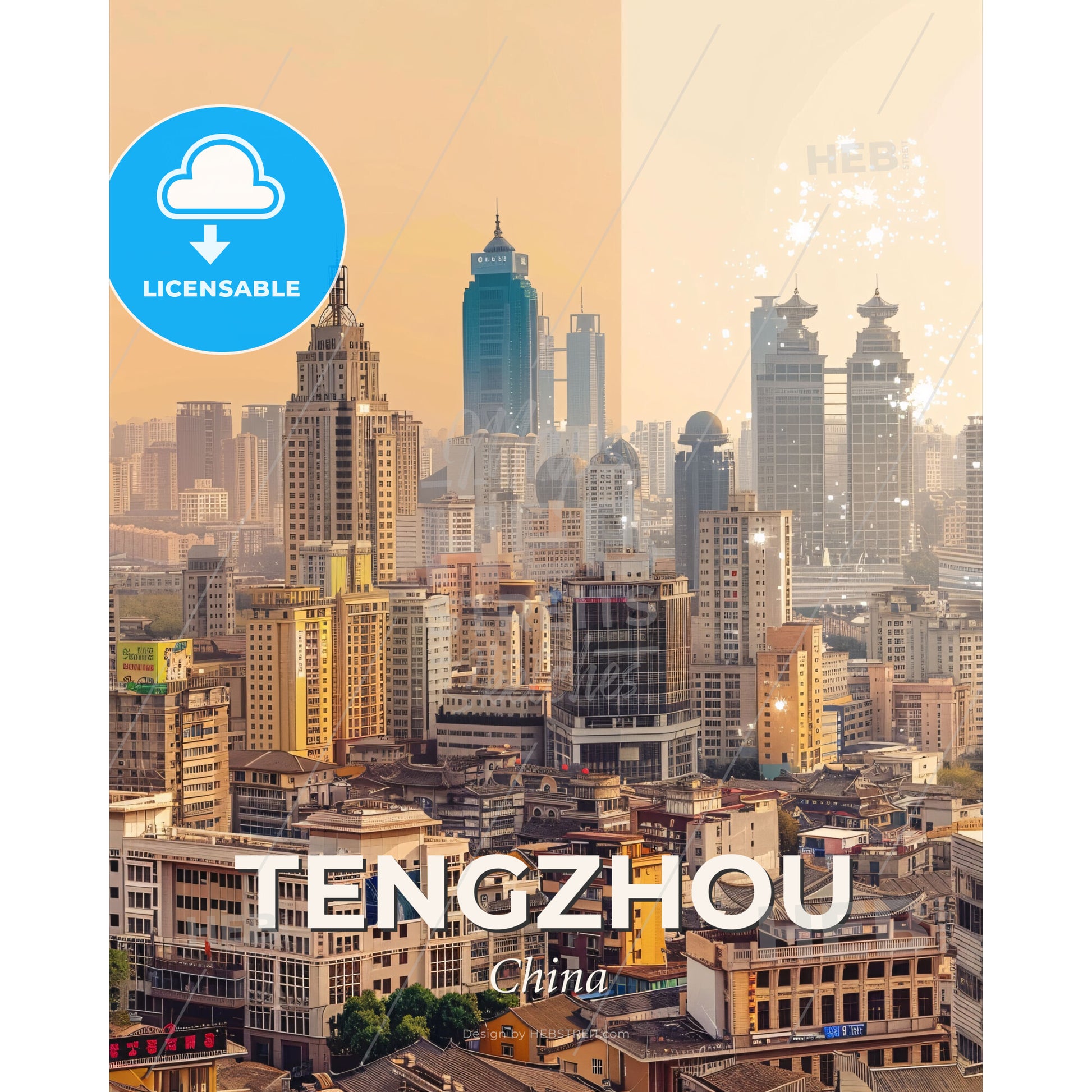 Tengzhou Skyline Double Exposure Panorama - A city with many tall buildings - Square format print template