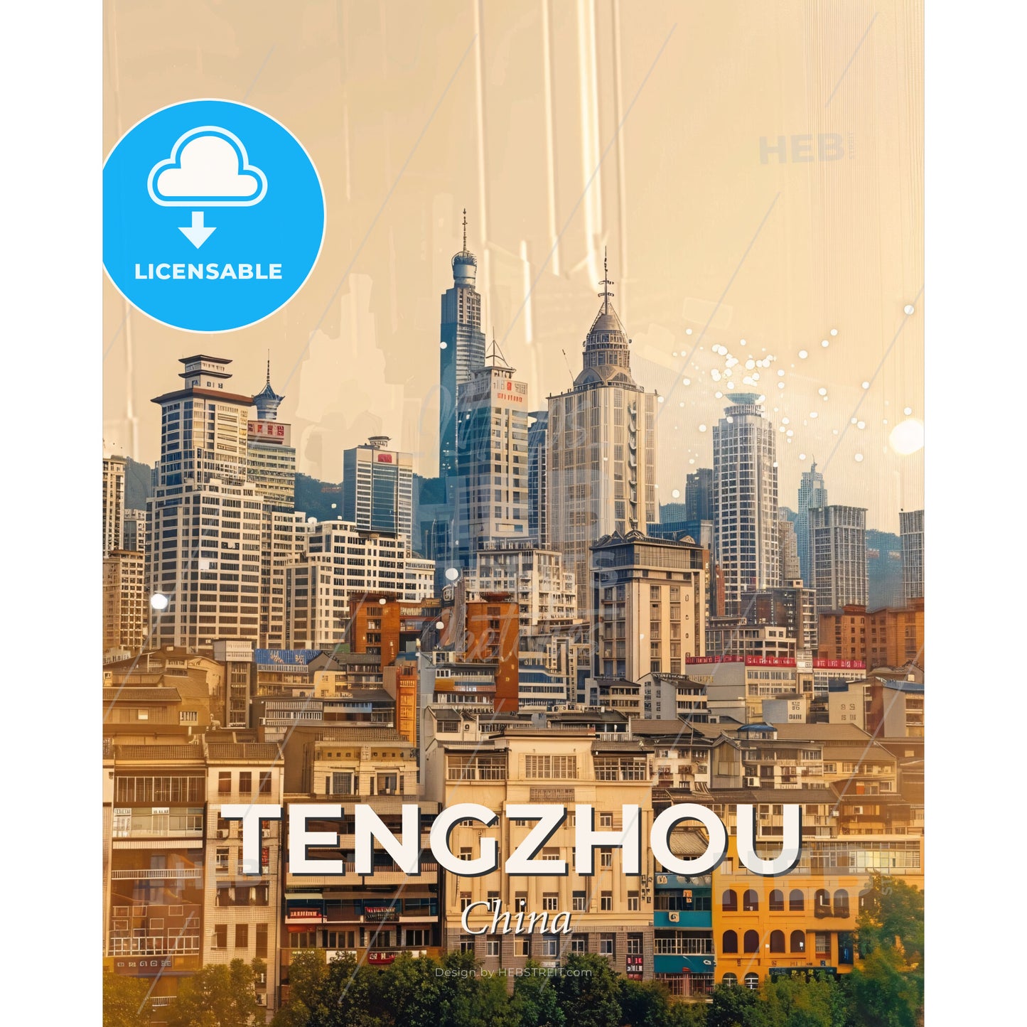 Tengzhou Skyline Artwork: Local Icons on Beige - A city skyline with many tall buildings - Square format print template