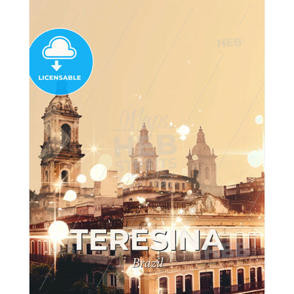 Teresina Skyline Double Exposure Art Cityscape - A building with a bell tower - Square format print template