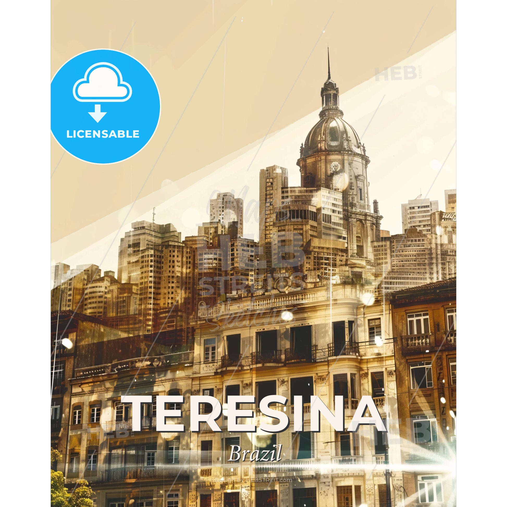 Teresina Skyline Cityscape Poster Art Design - A city skyline with a clock tower - Square format print template