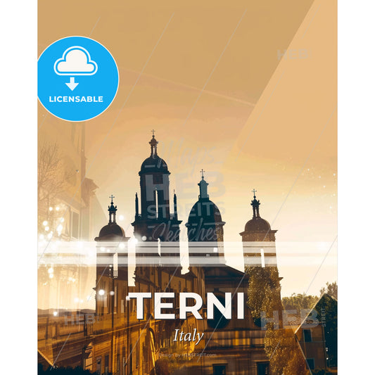 Terni Italy Cityscape Art Skyline Poster - A building with towers and a street with lights - Square format print template