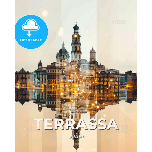 Terrassa Skyline City Bright Beige Sparkles Poster - A city with a reflection of lights - Square format print template