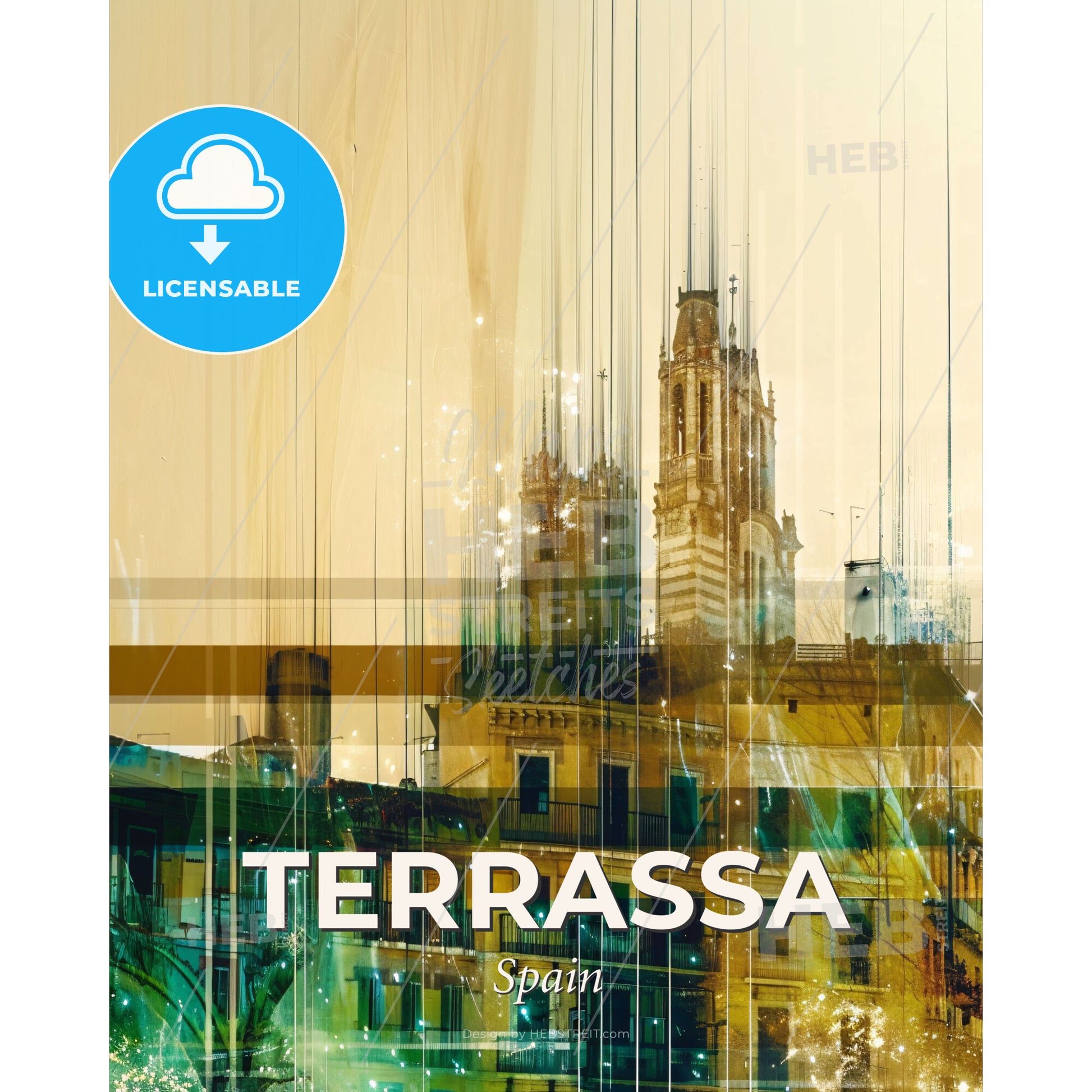 Terrassa Skyline Composite Art: City Icons Sparking - A building with a tower - Square format print template