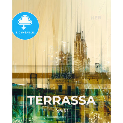 Terrassa Skyline Composite Art: City Icons Sparking - A building with a tower - Square format print template