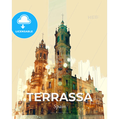 Terrassa Cityscapes: Local Icons on Beige - A building with towers and lights - Square format print template