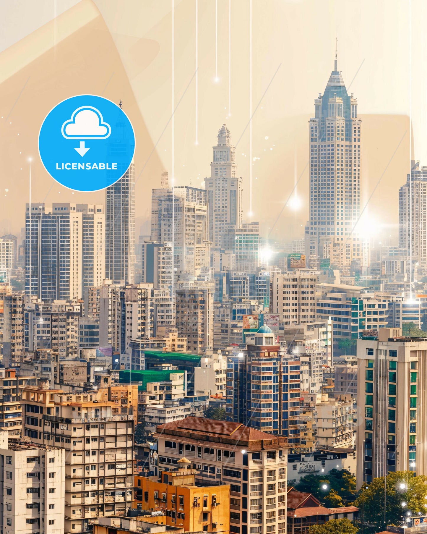 Thane Artistic City Brights Double Exposure Skyline - A city with many tall buildings