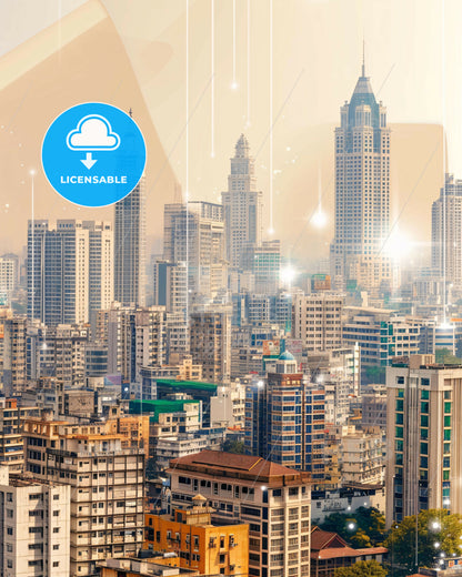 Thane Artistic City Brights Double Exposure Skyline - A city with many tall buildings