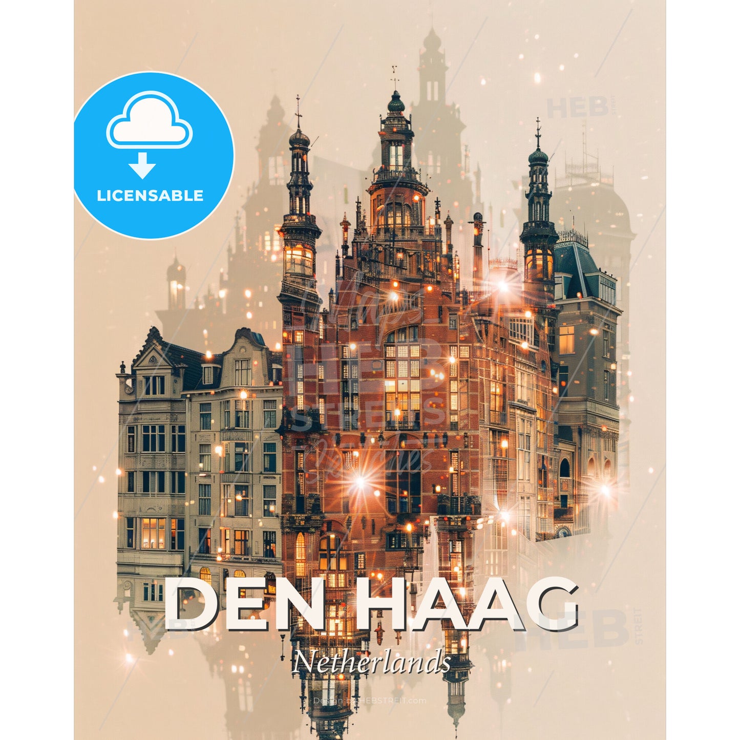The Hague City Icons Double Exposure Composite - A building with many windows - Square format print template