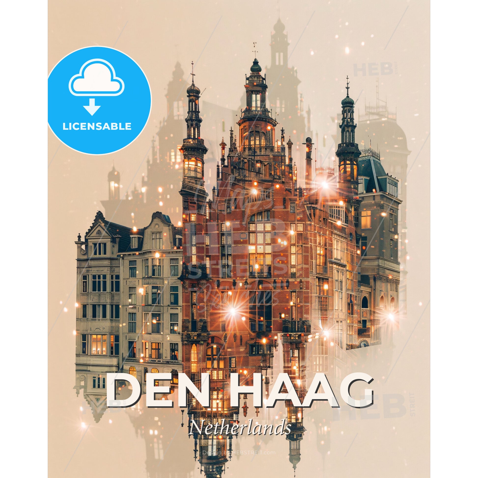 The Hague City Icons Double Exposure Composite - A building with many windows - Square format print template