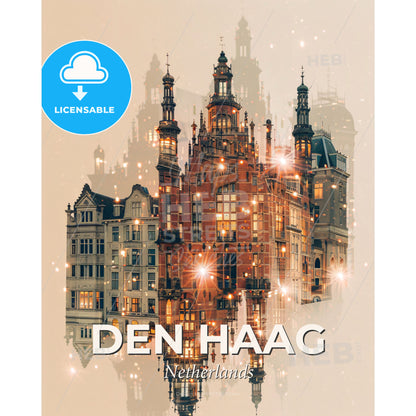 The Hague City Icons Double Exposure Composite - A building with many windows - Square format print template
